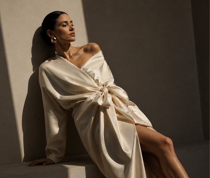 Woman seated in a white draped outfit in warm window light